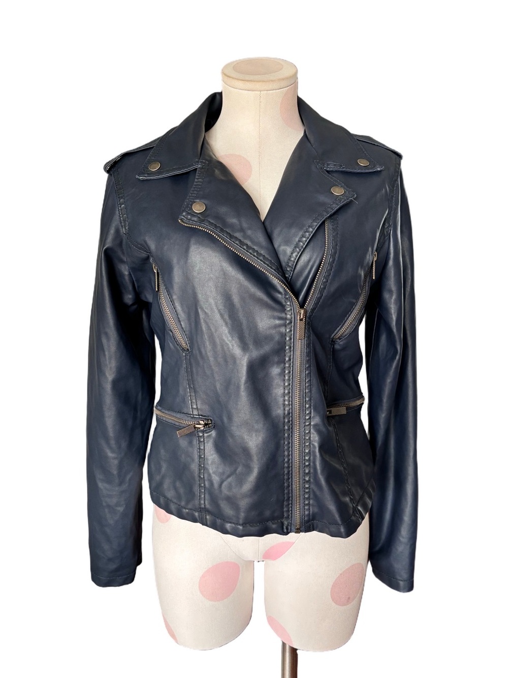 Faux Leather Moto Jacket Navy Blue Large Motorcycle Biker Zip Up - large